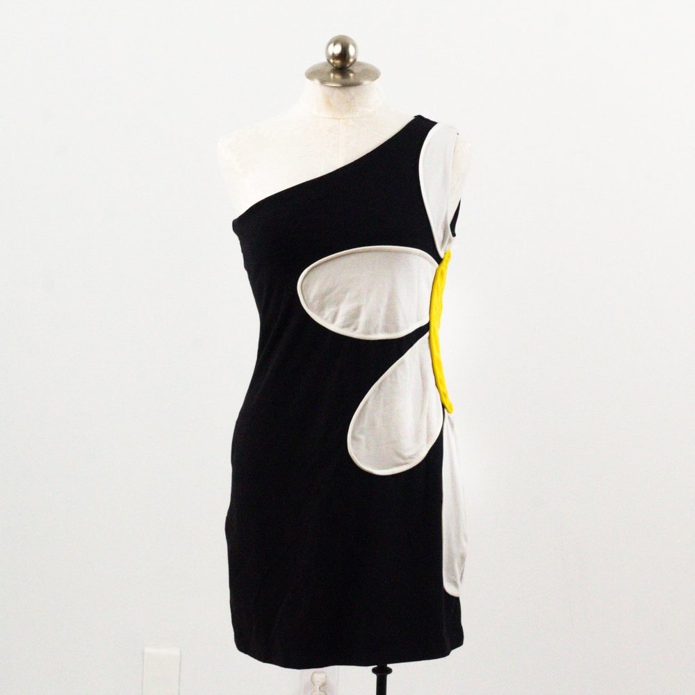 Vintage 90s L Thick One Shoulder Daisy Dress Black - Picture 2 of 10